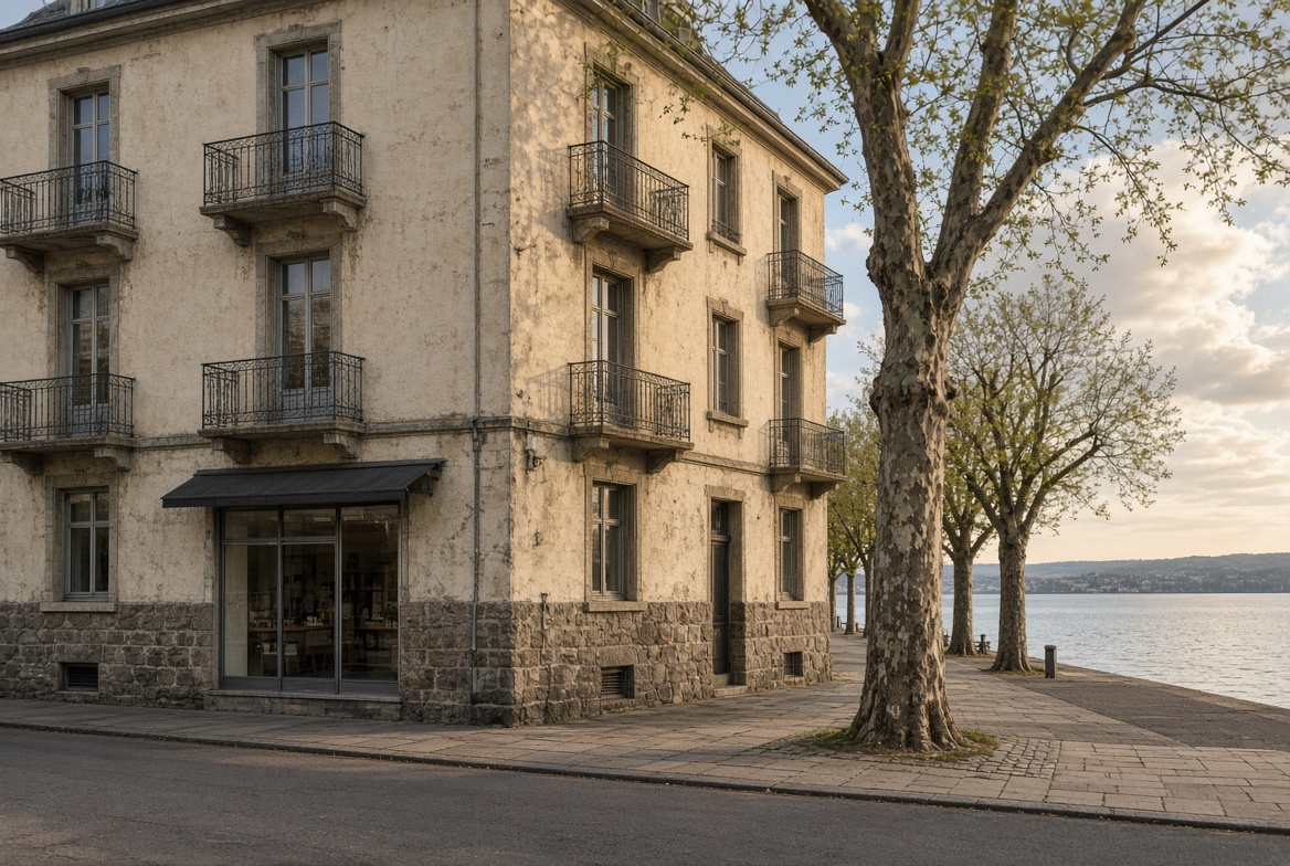 Mischliegenschaft am See, Erdgeschoss mit geschlossenem Laden, Wohnungen darüber