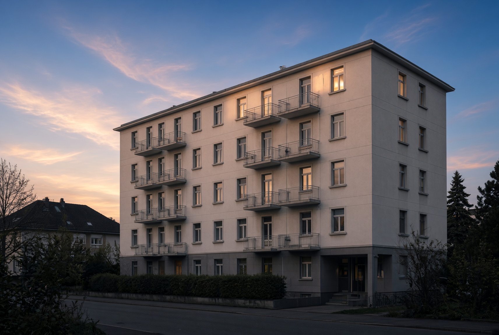 Ruhiges Mehrfamilienhaus im Abendlicht, helle Fassade, wenige Fenster erleuchtet
