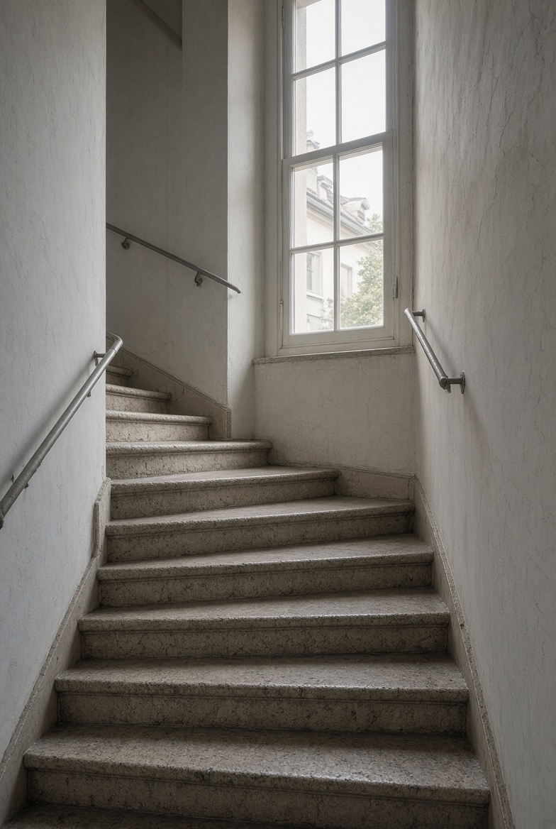 Steinernes Treppenhaus in einem älteren Mehrfamilienhaus, Tageslicht durch ein hohes Fenster